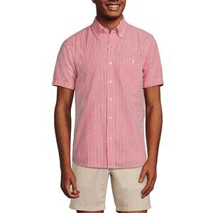 Lands End Mens XXL Pink White Striped Seersucker Classic Short Sleeve Cotton Top